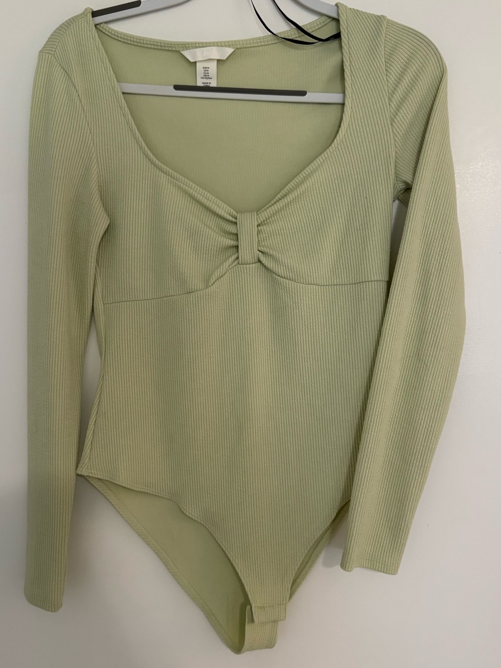 H&M Ribbed Long Sleeve Bodysuit in Sage Green with Front Knot
